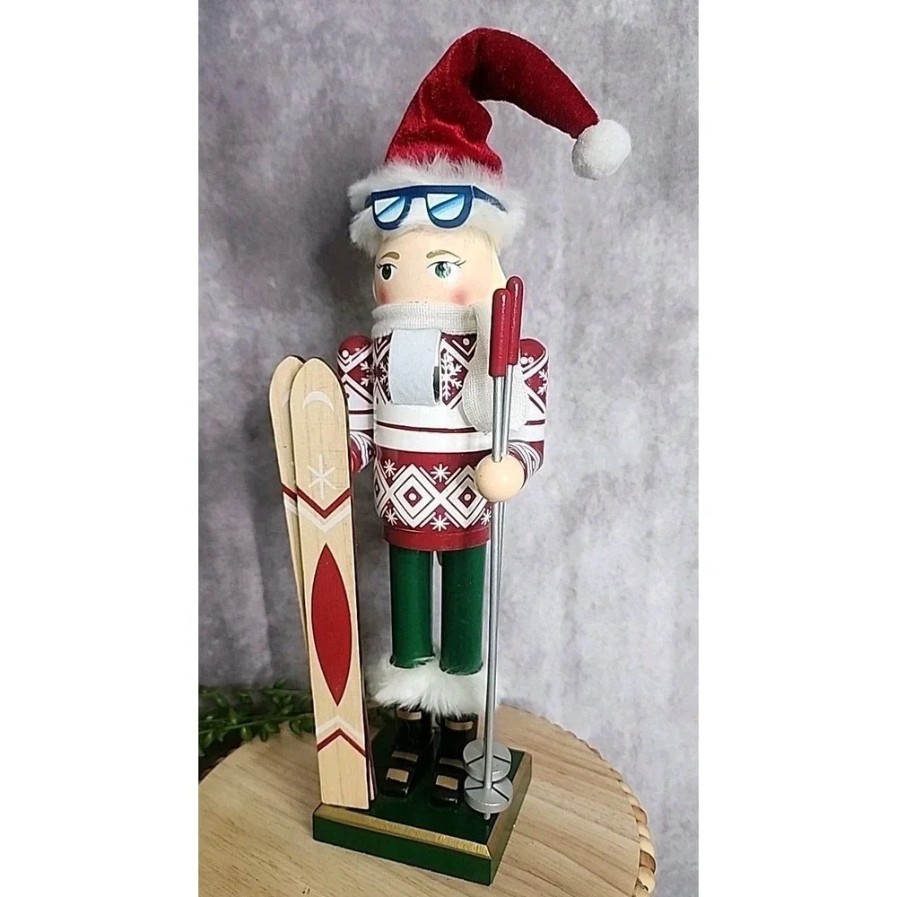 Skier Lady Girl Nutcracker Mrs Claus Ski Poles Skis Christmas Wood Decor 15